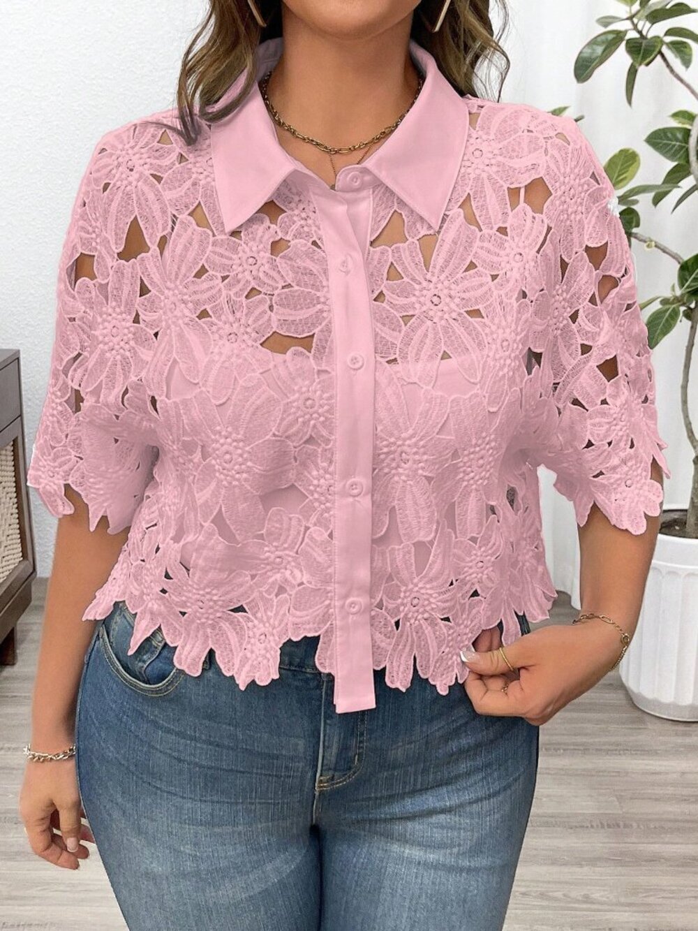 Pink Casual Women's Plus Size Floral Lace Hollow Out Blouse